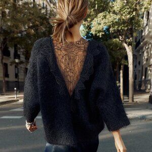 BNWT ZARA COMBINATION LACE KNIT SWEATER BLACK SMALL